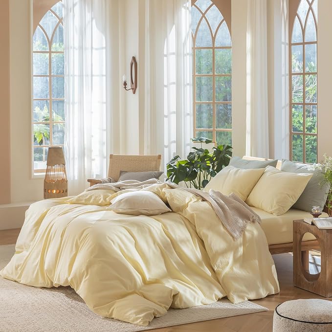 MooMee Duvet Cover Set 100% Washed Cotton Linen Like Oversized King | Relaxed Linen-like Texture. Soft, Breathable & Long-lasting Comfort. Lightweight. Hidden Zipper with 8 Interior Corner Ties