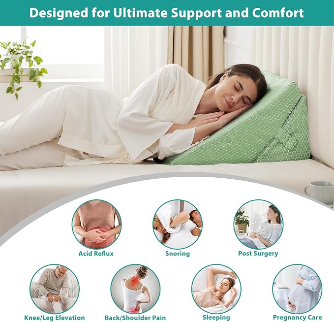 Wedge Pillow for Sleeping, Adjustable 9&12 Inch Foldable Bed Wedge Pillow Set, Orthopedic Memory Foam Triangle Pillows Wedge, 7-in-1 Elevated Pillows for Leg and Back Support, Green