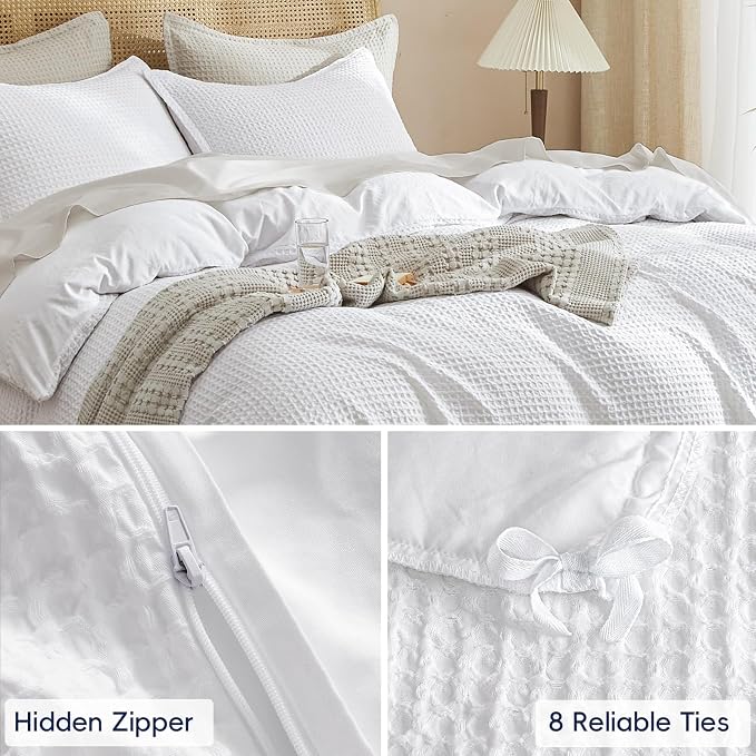 PHF Waffle Duvet Cover California King, Soft & Breathable, 104"x98", White | 300GSM Fabrie，No Snagging Textured Honeycomb Comforter Cover for All Season 3pcs, Durable Bedding Duvet Set, Home Decor Gift