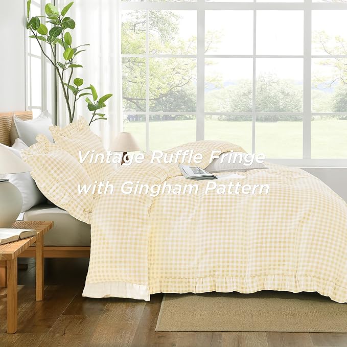 Andency Yellow Gingham Duvet Cover King, Ruffle Shabby Bedding Set 3 Pcs | Farmhouse Soft Pre-Washed Polyester Comforter Cover with Zipper Closure & Corner Ties, 104x90Inch