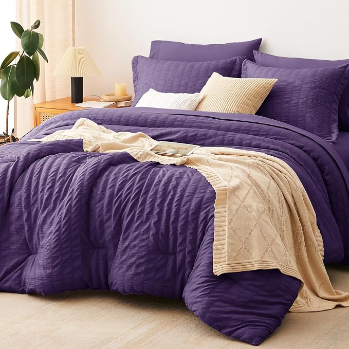 King Size Comforter Set, 7 Pieces Purple Seersucker Bed in a Bag | OEKO-TEX Certified, All Season Bedding Set with 240 GSM Down Alternative Comforter, Flat & Fitted Sheets, Pillowcases & Shams