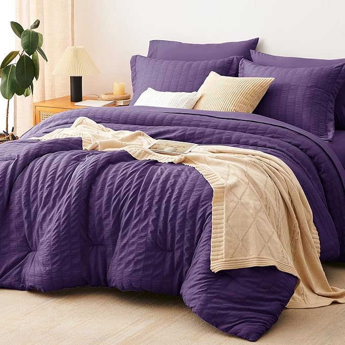 Full Size Comforter Sets, 7 Pieces Purple Seersucker Bed in a Bag | OEKO-TEX Certified, All Season Bedding Set with 240 GSM Down Alternative Comforter, Flat & Fitted Sheets, Pillowcases & Shams