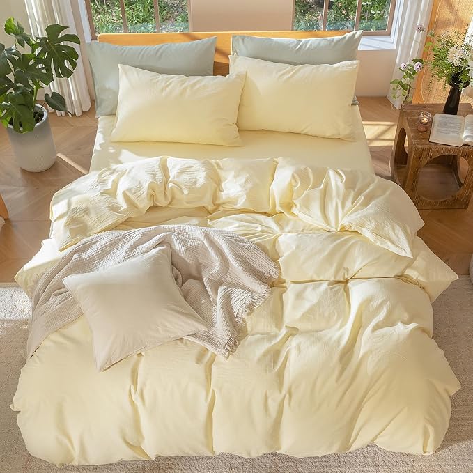 MooMee Duvet Cover Set 100% Washed Cotton Linen Like Oversized Queen | Relaxed Linen-like Texture. Soft, Breathable & Long-lasting Comfort. Lightweight. Hidden Zipper with 8 Interior Corner Ties