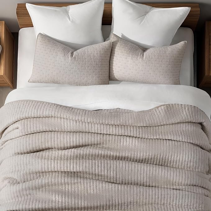 100% Cotton Cross Stitch 3-Piece Quilt Set, King, Taupe | 100% Cotton, Elegant Cross Stitch, Soft & Breathable, Prewashed Softness, Oversized Design, OEKO-TEX® Certified