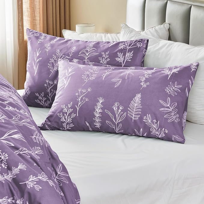 MUXHOMO Duvet Cover Queen Size, Reversible Floral Grayish Purple Duvet Cover Set with Zipper Closure, 3 Pieces Botanical Patterns Soft Microfiber Bedding Set with 4 Ties (90"x90", 2 Pillow Cases)