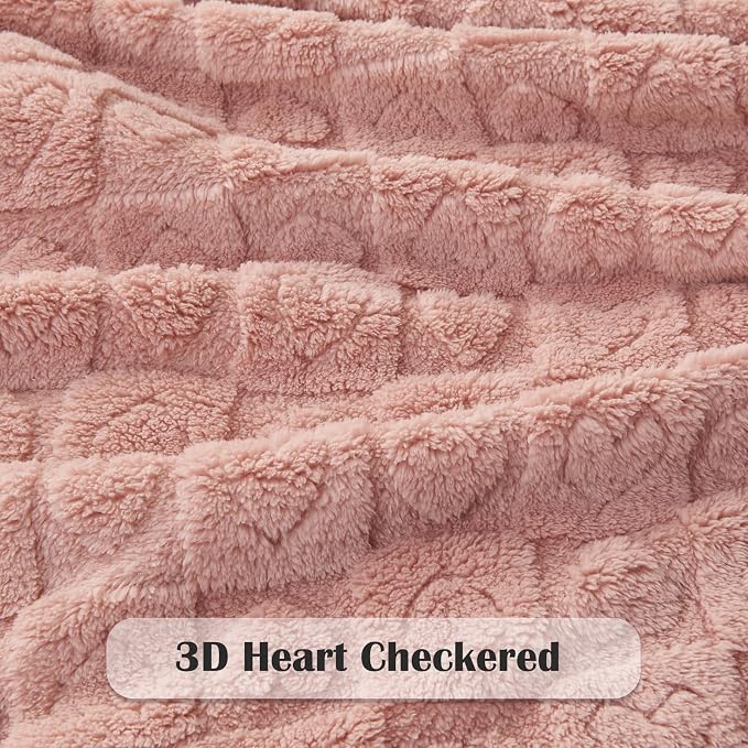 NEWCOSPLAY 3D Heart Checkered Flannel Queen Blanket, Pink Heart, 90"x90" | Super Soft Cute Lightweight Decorative Premium Silky Fleece Blanket for Couch Sofa Bed, Gift for Women Men, All Season Use