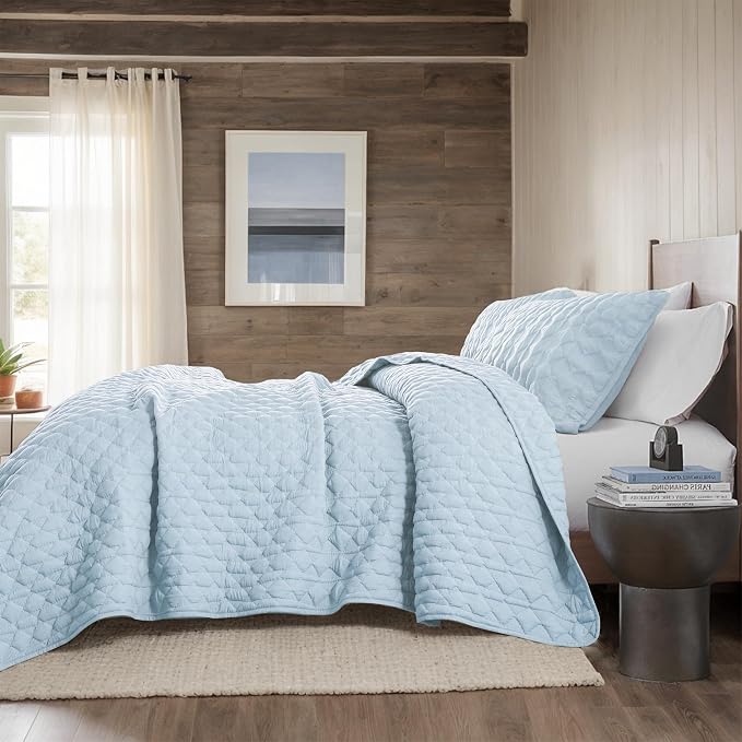 WDCOZY Light Blue Quilt Twin Size Bedding Set with 1 Pillow Sham, Lightweight Soft Bedspread Coverlet, Thin Comforter Bed Cover for All Season, 2 Pieces, 68x90 inches