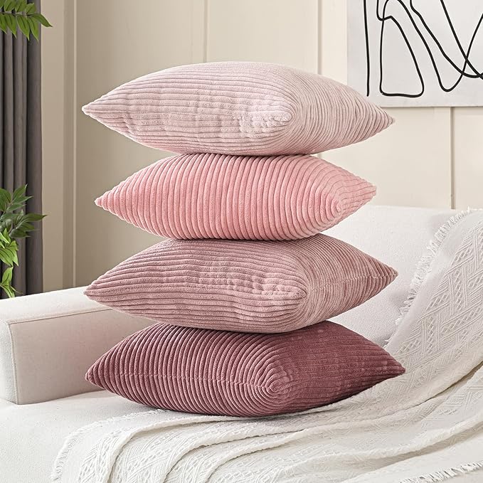 Volcanics Set of 4 Pink Corduroy Couch Throw Pillow Covers 20x20 in | Decorative Valentine's Day Farmhouse Striped Cushion Cases, Soft Boho Square Accent Pillow Covers for Home Sofa