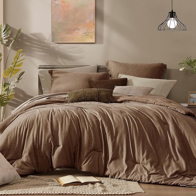 Monbix Queen Comforter Set 7 Pieces Brown Cationic Dyeing Bed in a Bag | Lightweight Reversible All Season Bedding Sets with Comforter, Sheets, Pillowcases & Shams
