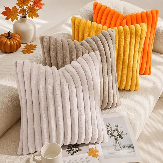 decorUhome Fall Faux Fur Throw Pillow Covers 12x20 Set of 2 Orange | Decorative Soft Cozy Striped Plush Modern Farmhouse Boho Couch Pillow Cases Velvet Back for Sofa Bed Living Room Home Decor