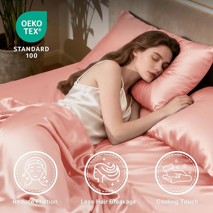 Love's cabin Twin XL 3Pc Satin Sheet Set, Coral Silky Satin Bed Sheets with Deep Pockets, Luxury Silk Feel, Envelope Closure