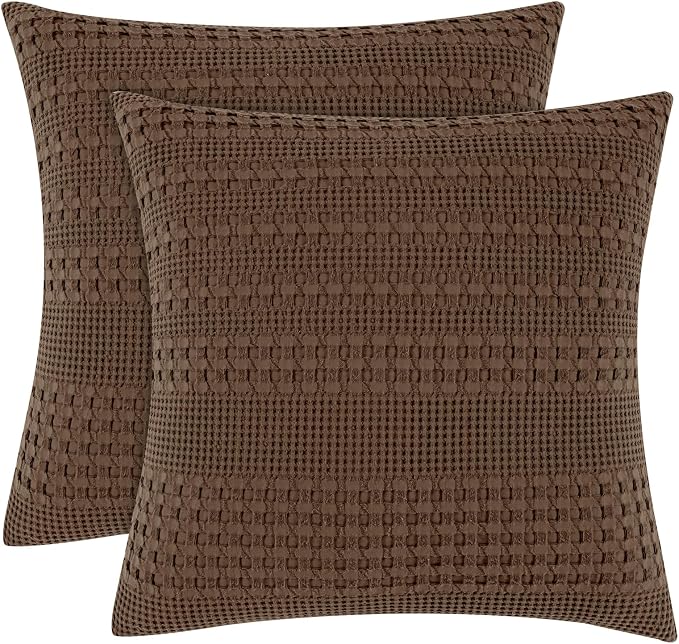 PHF 100% Cotton Waffle Weave Euro Sham Covers, 2 Pack 26" x 26" Bed Pillow Covers for Elegant Home Decor, No Filling, Luxury Aesthetic Soft Euro Pillow Cases for Bed, Chocolate