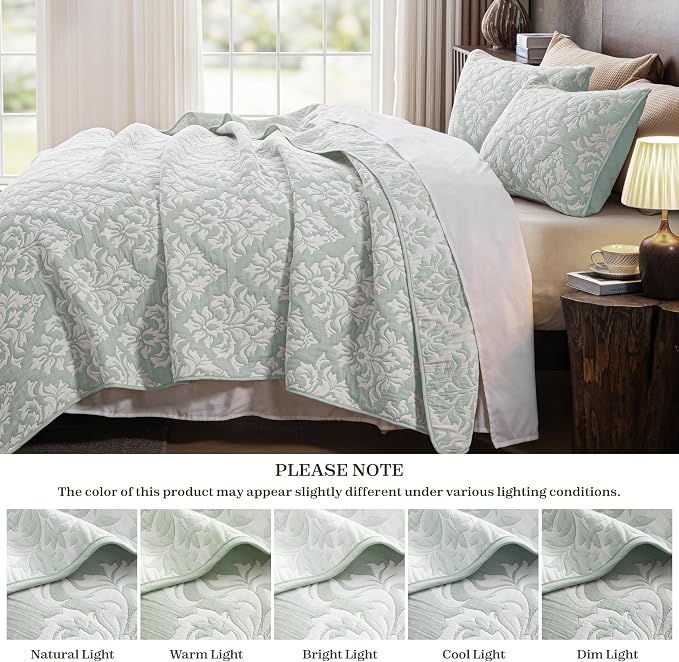 Exclusivo Mezcla Cotton Quilts Queen Size Sage Green | Soft Lightweight Bedspread, Breathable Prewashed Yarn Dyed Muslin, All Season Bedding Set, Boho Coverlet With 2 Pillow Shams
