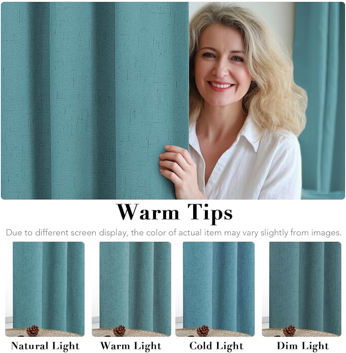 H.VERSAILTEX Blackout Curtains Linen Curtains 120 inches Long 100% Black Out Curtains for Bedroom Windows, Textured Linen Look Draperies Grommet with White Liner, 2 Panels, Teal
