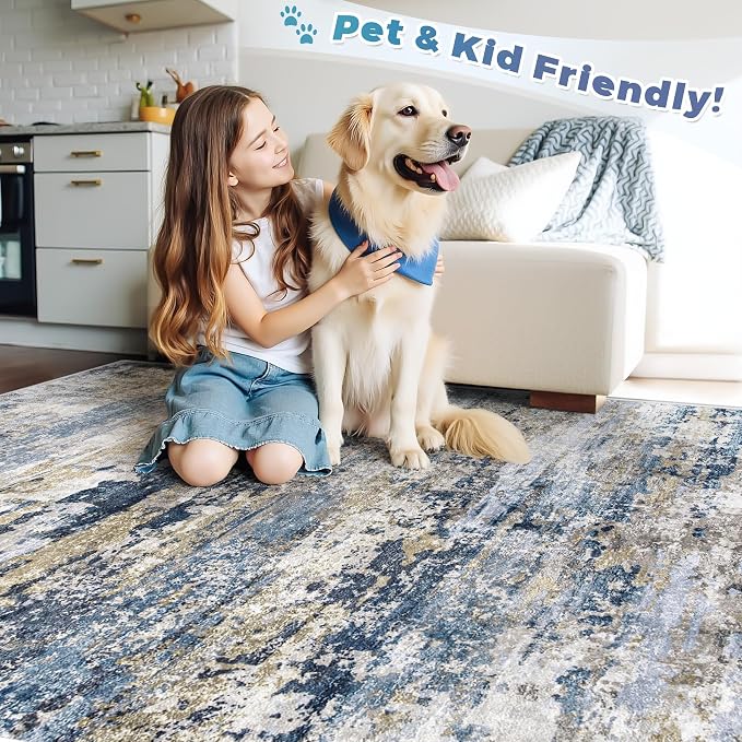 pmtsns Round Rug 4ft for Bedroom: Washable Circle Rug Modern Abstract Neutral Soft Non-Slip Low-Pile Entryway Carpet for Living Room Dining Room Nursery Home Office (Blue Grey Brown, 4' Round)