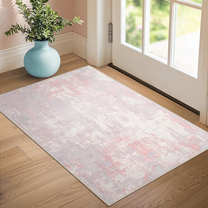 RELEANY Washable 3'x5' Abstract Area Rug for Living Room Gray Pink | Carpet for Bedroom, Kitchen, Office, Hallway and Entryway, Printed Pattern, Non‑Slip, Soft, Stain‑Resistant, Easy to Clean