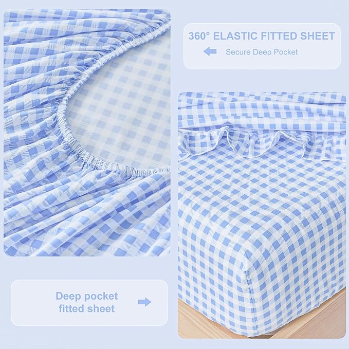 Gingham Queen Sheet Set, Lightweight Super Soft Brushed Microfiber Plaid Bed Sheets with 16" Deep Pocket, 4 Piece Ruffle Farmhouse Bedroom Decor, Blue
