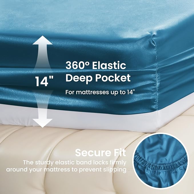 Love's cabin Satin King Sheet Sets - 4 Piece Teal Silky Sheets King Size Bed Set with Deep Pocket, Luxury Silk Feel King Size Satin Sheet Set (1 Flat Sheet,1 Fitted Sheet,2 Pillow Cases)