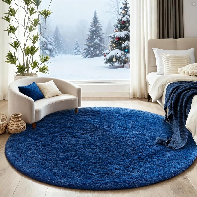 Ophanie Round Rug 5Ft Blue Circle Area Rug, Boys Room Decor, Fluffy Fuzzy Bedroom Carpet, Plush Soft Shaggy Living Room Rugs for Home Aesthetic with Over 99 pcs Pile fibers