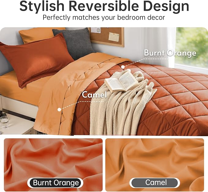 5 Pieces Twin XL Comforter Set, Reversible Bed in a Bag Twin XL Size, All Season Bedding Set with Comforter, Flat Sheet, Fitted Sheet, Pillowcases & Shams, Burnt Orange & Camel