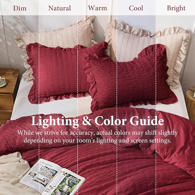 JOLLYVOGUE Burgundy Queen Comforter Set, 3 Pieces Seersucker Comforters Queen Size, Lightweight & Fluffy Bedding Sets for All Season with 1 Ruffle Comforter and 2 Ruffle Pillowshams