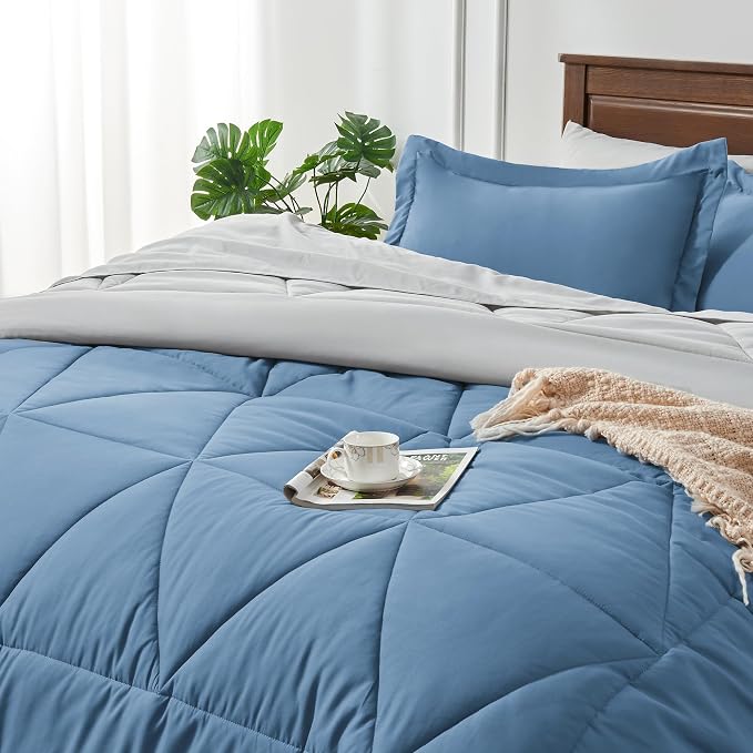 BEDELITE Queen Comforter Set 7 Pieces, Reversible Blue Bed in A Bag | Soft All Season Down-Alternative Comforter, Sheets, Pillowcases & Shams, OEKO-TEX Certified Bedding for Bedrrom, Guest Room