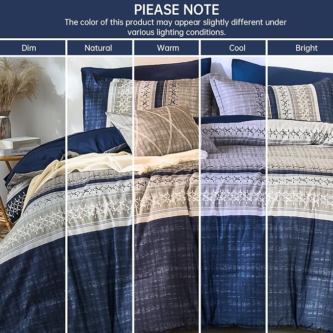 Dintszyayue Blue King Comforter Size Set, 8 Pieces Boho Grey Striped Texture Bed in a Bag Sets, Lightweight Soft Bohemian Comforter and Sheet Set, All Season Microfiber Bedding Sets for Men Women