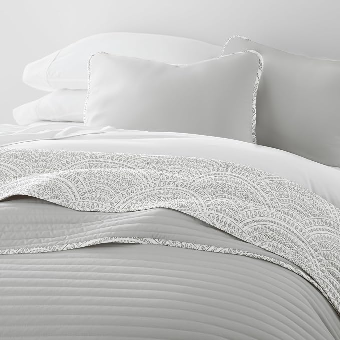 Merit Linens Soft Quilt Coverlet Bedding Set - Pattern/Solid Reversible - Full/Queen Light Gray