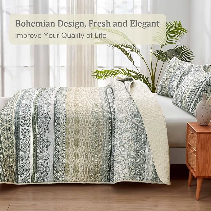 WONGS BEDDING Boho Quilt Queen Size,3 Pcs Beige Bedspread Bedding Set | Colorful Bohemian Striped Printed Bedding for All Season, Lightweight Microfiber Coverlet Set with 2 Pillowcases(96"x90")