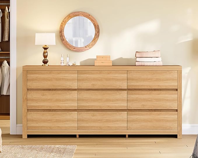 TEENFON 63" Dresser for Bedroom with 9 Drawers, Modern Dressers & Chests of Drawers with Metal Handles, Wooden Dresser TV Stand, Bedroom Dressers, for Bedroom, Hallway, Natural