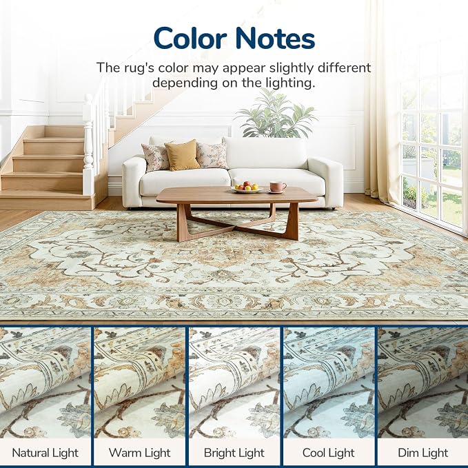 Area Rugs 8x10 for Living Room,Large Washable Carpet Light Beige | Boho & Vintage,Non Slip Backing,Works With All Vacuums,0.25inch Low Pile for Bedroom Dining Room Home Office,Family Friendly