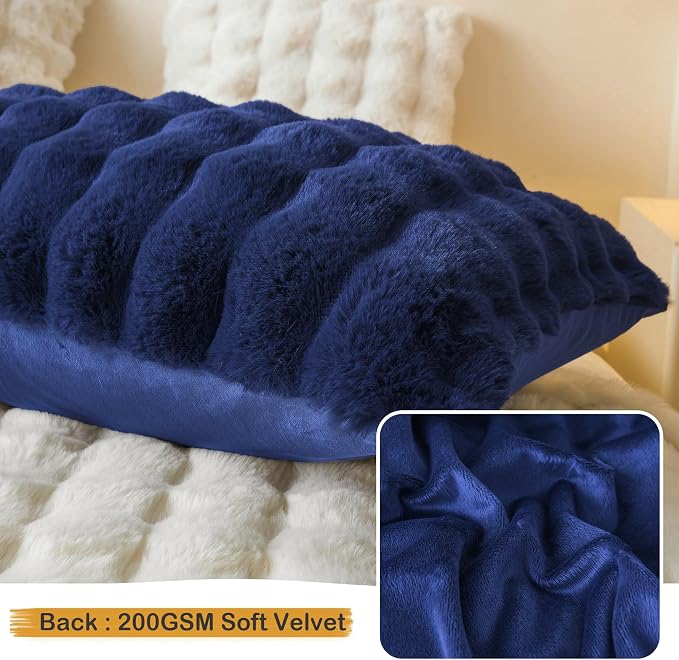 LIFEREVO Fluffy Faux Rabbit Fur Body Pillow Cover 20"x54", Navy Blue | Luxury Bubble Waffle Shaggy Bed Pillowcase with Hidden Zipper, Decorative Royal Long Fuzzy Pillow Case for Adults Kids Girls