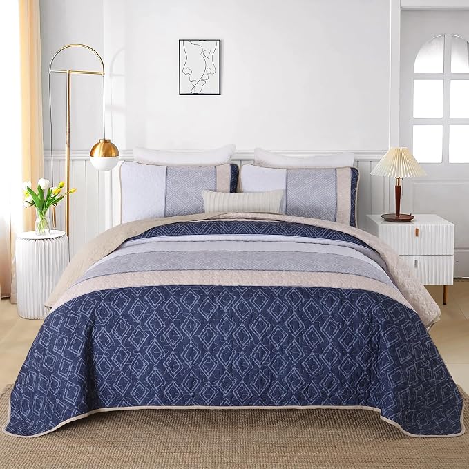 Cottolester Quilt Set Queen,3 Pcs Khaki Navy Blue Striped Plaid Bedspread | Ultra Soft Summer Lightweight Coverlets Set for Men Women,Microfiber Patchwork Quilt Bedding Sets for All Seasons 96"x90"