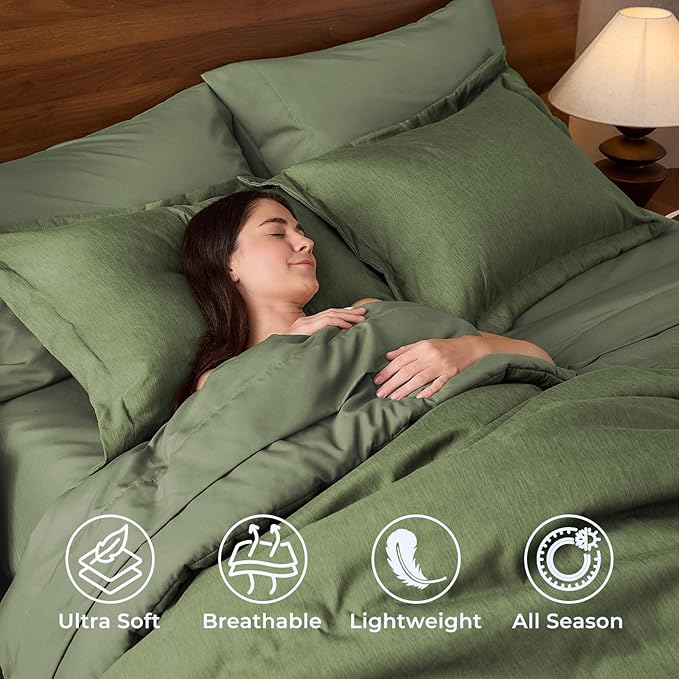 JOLLYVOGUE Queen Comforter Set 7 Pieces Dark Green, Cationic Dyeing Bed in a Bag Queen, Double-Tone Bedding Set with Down Alternative Comforter, Sheets, Pillowcases & Shams