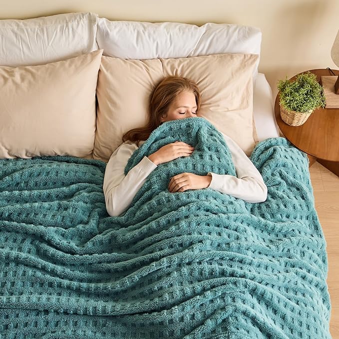 NEWCOSPLAY 3D Waffle Checkered Flannel Queen Blanket, Light Teal, 90"x90" | Super Soft Cute Lightweight Decorative Premium Silky Fleece Blanket for Couch Sofa Bed, Gift for Women Men, All Season Use