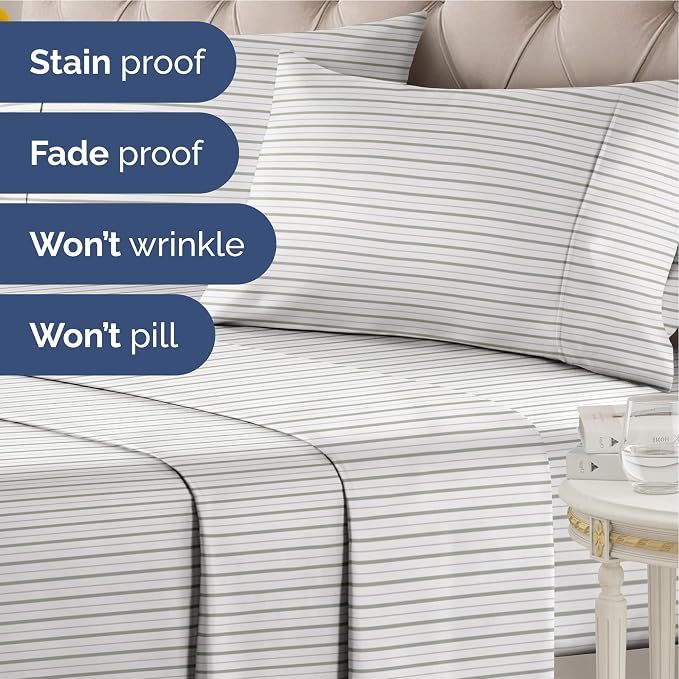 King 4 Piece Striped Sheet Set - Soft, Breathable & Cooling - Double Gray | 1 Flat, 1 Fitted & 2 Pillowcases w/ Deep Pockets, Luxury Striped Bedding, Soft, Breathable & Cooling, Wrinkle & Fade Free