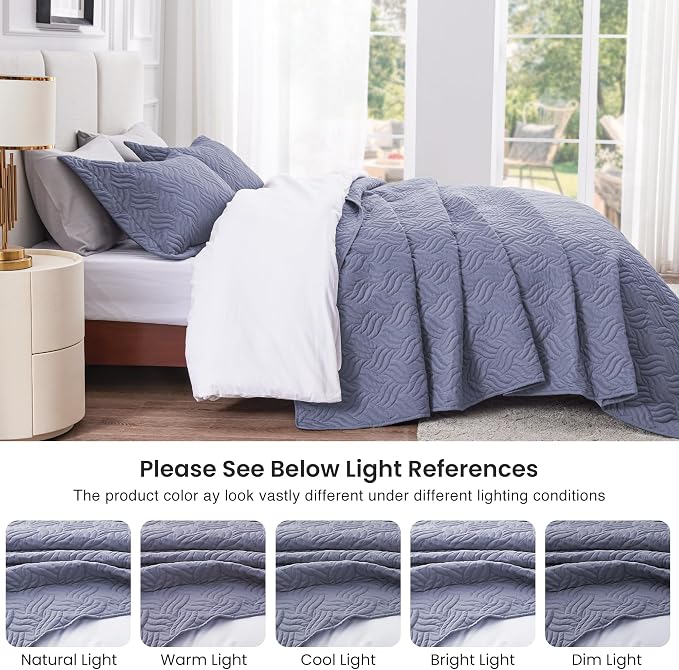 Love's cabin Quilts for Full Bed Bluish Grey Bedspreads Bedding Set - Lightweight Bedspread Comforter - Wave Pattern Bedding Coverlet for All Season - 3 Pieces (1 Quilt, 2 Pillow Shams)