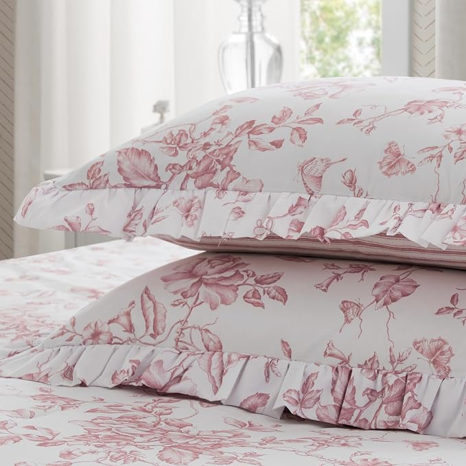 Madison Park Essentials Pink Floral Comforter Set with Sheets Twin XL,5pc | Reversible, Elegant College Dorm Bedding, Ruffle Bed in a Bag, All Season, Machine Washable, Wrinkle Resistant, Ultra Soft