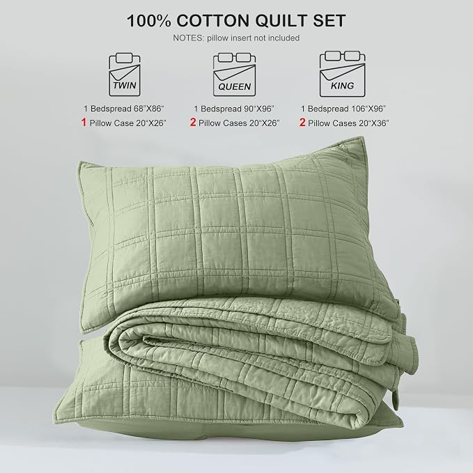 HORIMOTE HOME 100% Cotton Quilt Set Queen Size, Sage Green Pre-Washed Bedspreads Coverlet Set in Geometric Pattern, Cozy Lightweight Stitching Decorative Bedding Cover with 2 Shams for All Season