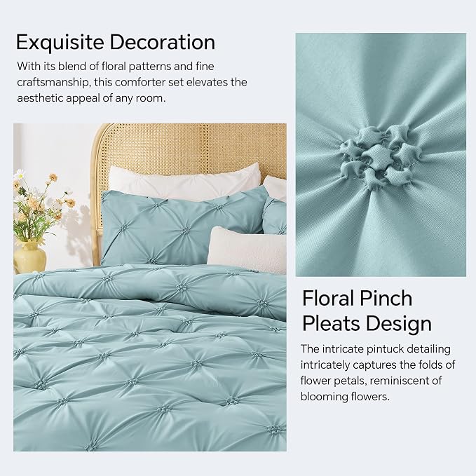 BEDELITE Queen Comforter Set Dusty Blue,Lightweight & Soft Comforter | Pintuck Boho Bedding, Warm & Cute Bed Set for All Season,With 2 Pillowcases