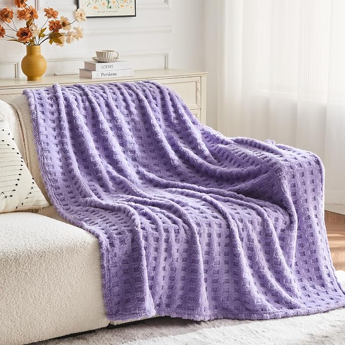 NEWCOSPLAY 3D Waffle Checkered Flannel Twin Blanket, Lavender, 60"x80" | Super Soft Cute Lightweight Decorative Premium Silky Fleece Blanket for Couch Sofa Bed, Gift for Women Men, All Season Use