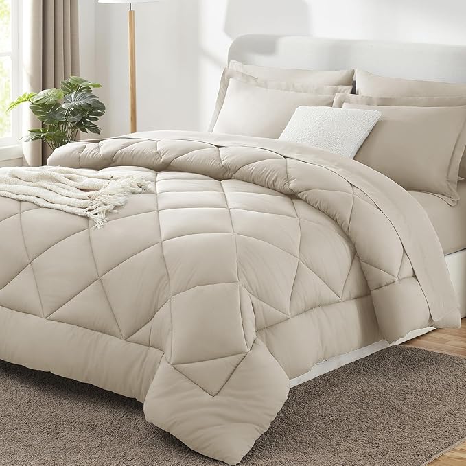 Queen Comforter Set with Sheets Oatmeal - 7 Pieces Bed in a Bag | OEKO-TEX Certified, All Season, 240GSM Down-Alternative Comforter, Sheets, Pillowcases & Shams, 14" Deep Pocket, Easy Care
