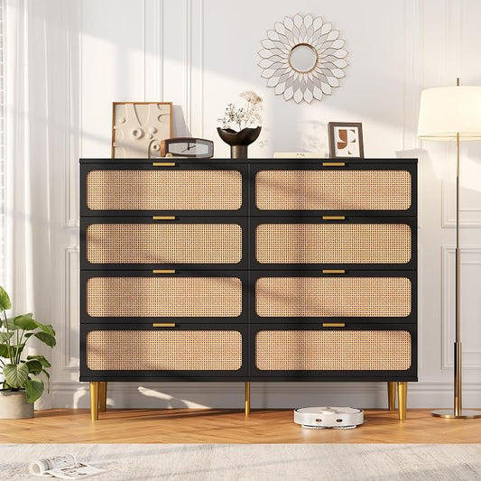 GarveeHome Rattan 8 Drawer Dressers for Bedroom, Deep Drawer, Black | Tall Dresser, Wide Top, for Living Room, Hallway, Kids Room, Large Chest of Drawers for Closet, Long Wooden Dresser