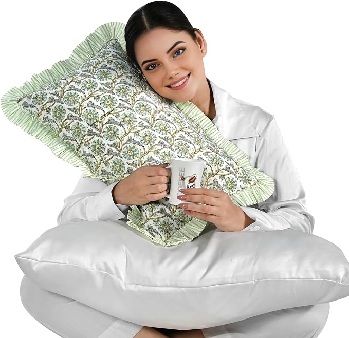 Ridhi Block Print Bloom Bubbles Ruffle Lumbar Pillow Shams, 36" x 14" Set-1 | 100% cotton, Floral Pillowcase, Cushion Cover, Hidden Zipper, Cottagecore Bedding, farmhouse boho style, fits couch, sofa,Bed