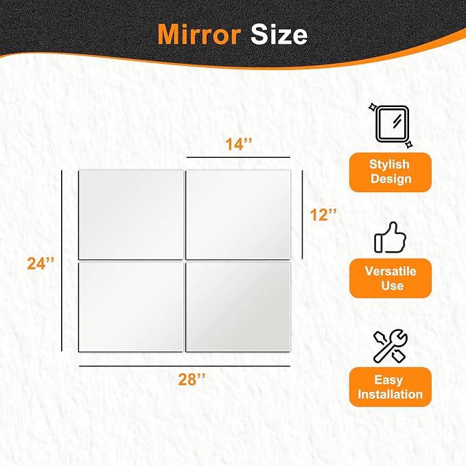 Glass Full Length Wall Mirror Tiles, 14'' x 12'' 4PCS | Frameless, Body Tiles for Bedroom, Mounted Home Gym, Door