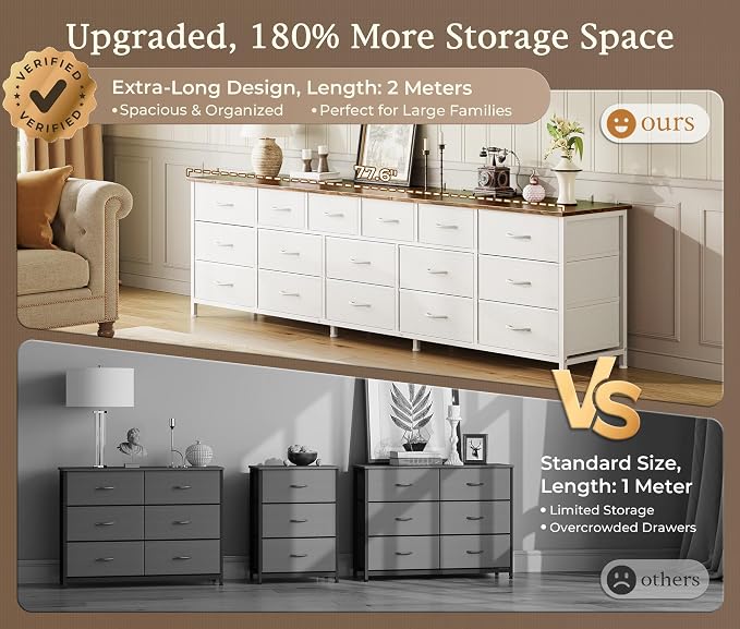 Huuger 77.6" Long Dresser for Bedroom, 16 Drawer Fabric Dresser for Closet, Wide Chest of Drawers with Storage, TV Stand for 65, 75, 85 Inch TV, 77.6" W x 13" D x 26.4" H, Farmhouse White
