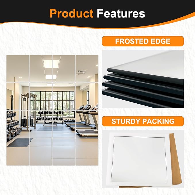 Frameless Mirror Tiles 12"x10"x16 Pcs Wall Mounted | Shatter Resistant, Full Length, Tempered Glass Panels, For Home Gym Bathroom Bedroom & Living Room Decor