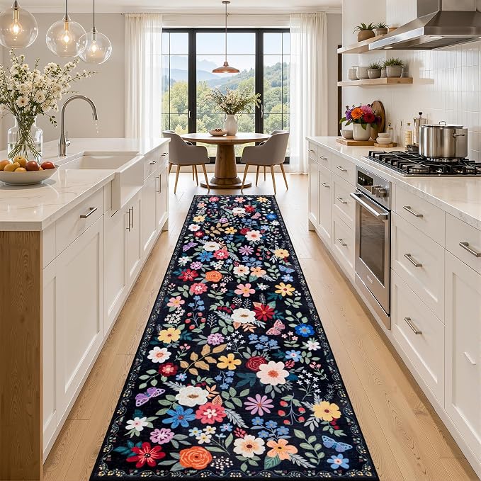 PLHXFR 2.6x14 Washable Runner Rug：Floral Indoor Kitchen Soft Carpet Black | For Hallway Bedroom Kitchen Laundry Bathroom Dorm,Vintage Floral,Machine washable,Non Slip,Stain Resistant,Indoor Floor