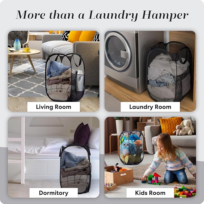 Handy Laundry Collapsible Mesh Pop Up Hamper with Wide Opening and Side Pocket - Breathable, Sturdy, Foldable, and Space-Saving Design for Clothes and Storage (Black)