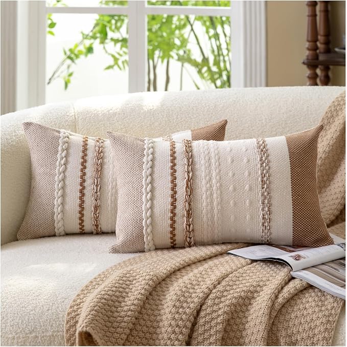 Cethom Boho Throw Pillow Covers 12x20 Inch Set of 2, Brown Textured Decorative Couch Pillow Cases for Farmhouse Home Decor, Accent Cushion Cover for Sofa, Bed, Living Room, Bedroom